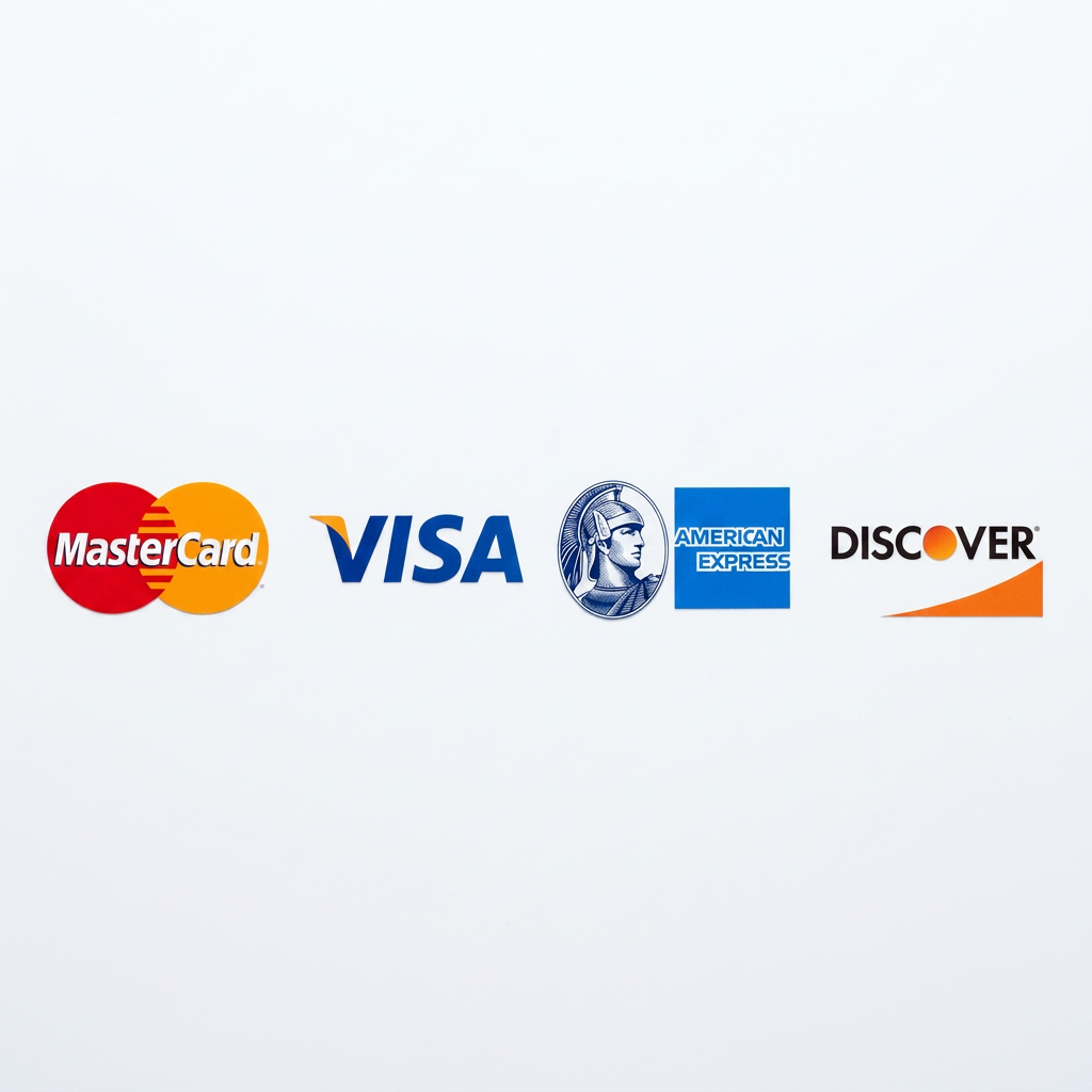 Visa, Mastercard, American Express, and Discover credit card logos in a row
